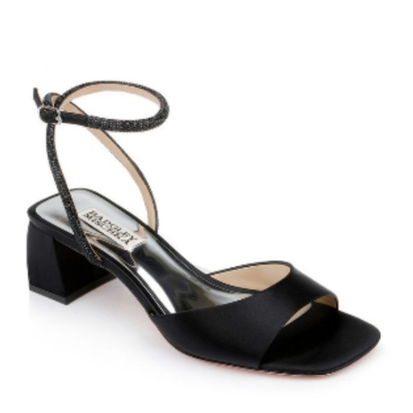 BADGLEY MISCHKA INFINITY SATIN BLOCK HEELS W/ANKLE STRAP SZ 7 EUC MSRP $225 - Picture 1 of 15